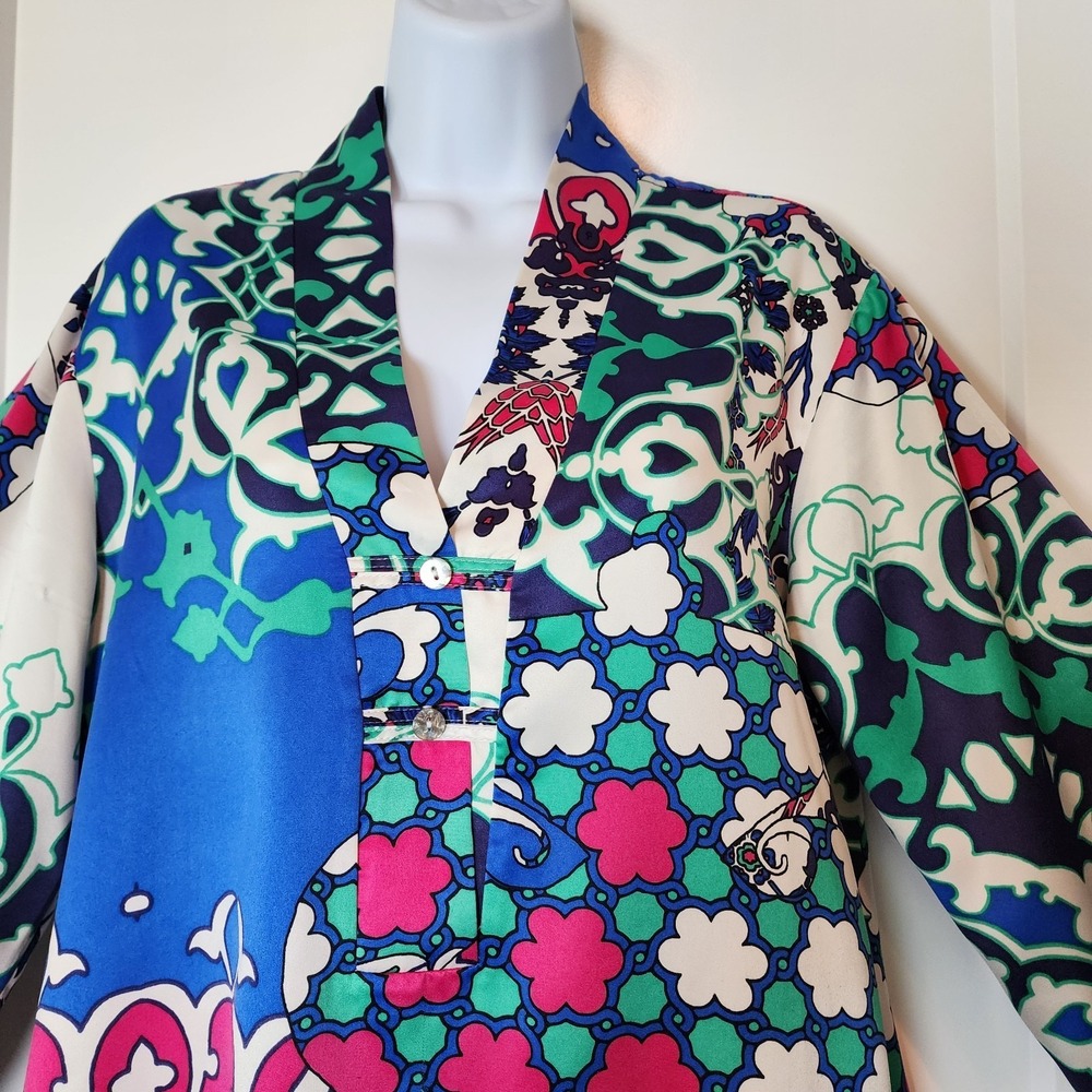 Natori Satin Pajama Set L Blue Pink Morrocan Tile Kimono Top Lounge Pants Resort - Picture 6 of 16